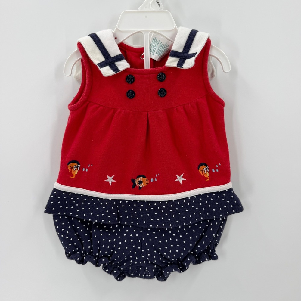 Baby Okie Dokie Sailor Romper 0-3M Red Blue Nautical Polka Dot Outfit